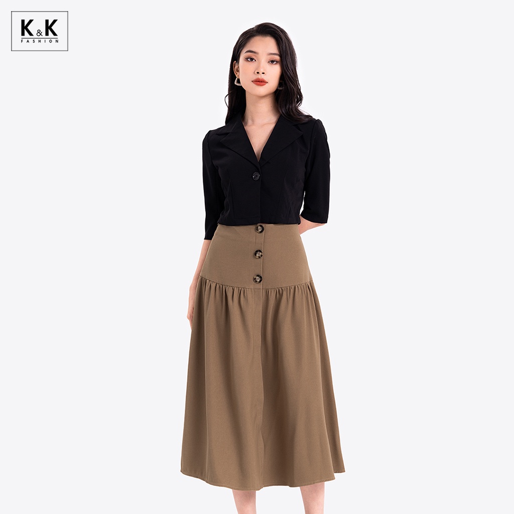 Áo Blazer Croptop Tay Lỡ Màu Đen K&amp;K Fashion AK10-23 Đơn Sắc Chất Liệu Pho Sớ Gân