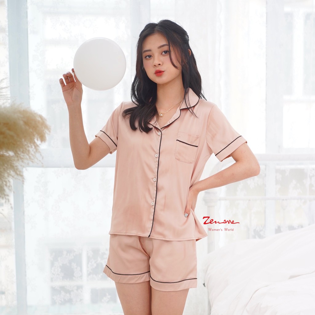 Đồ bộ mặc nhà nữ Zen Me pijama lụa cộc tay quần đùi chât lụa cao cấp