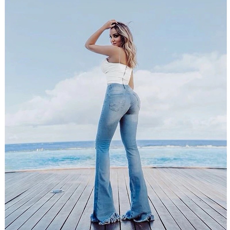 Quần Jeans Nữ Ống Loe Lưng Cao Xẻ Rách Plus Size