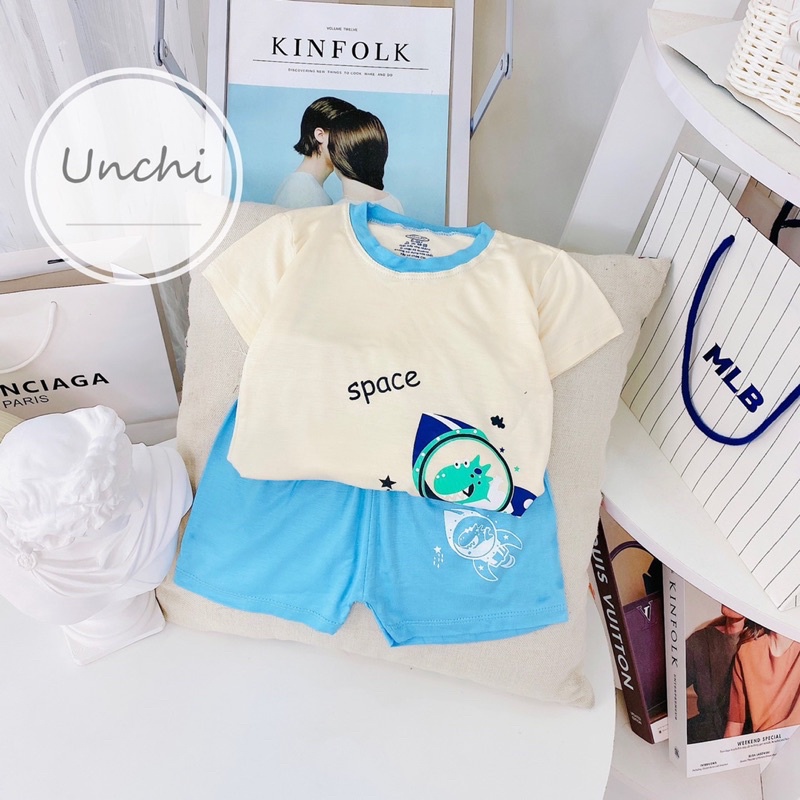 Bộ quần áo cộc tay chui cổ mùa hè vải thun lạnh phối màu Unchi bé trai 6-16kg