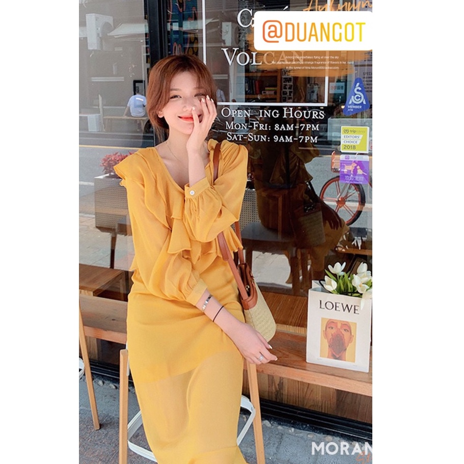 (ORDER) Váy voan dài tay MORAN cổ V phối hoa bèo suông dài điệu đà tiểu thư Hàn Quốc - Có ảnh thật