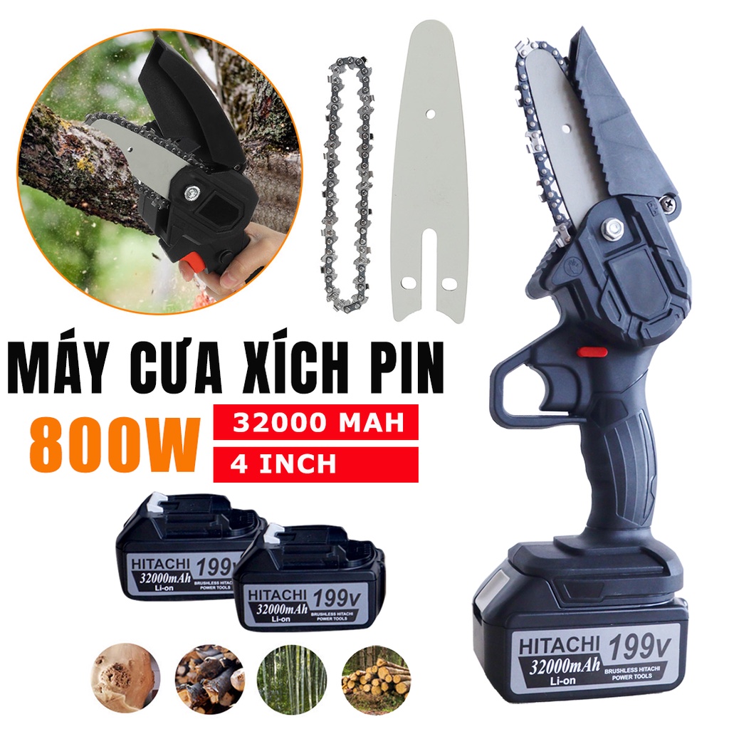 Máy cưa xích mini cầm tay, máy cưa xích pin Hitachi 199v