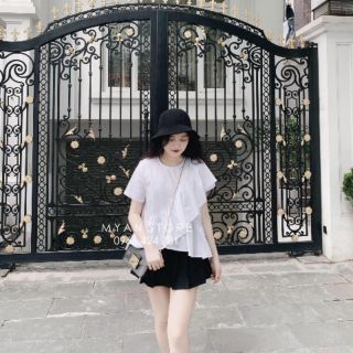 Sét áo xuông bèo tầng vạt chéo mix chân váy xếp ly ngắn