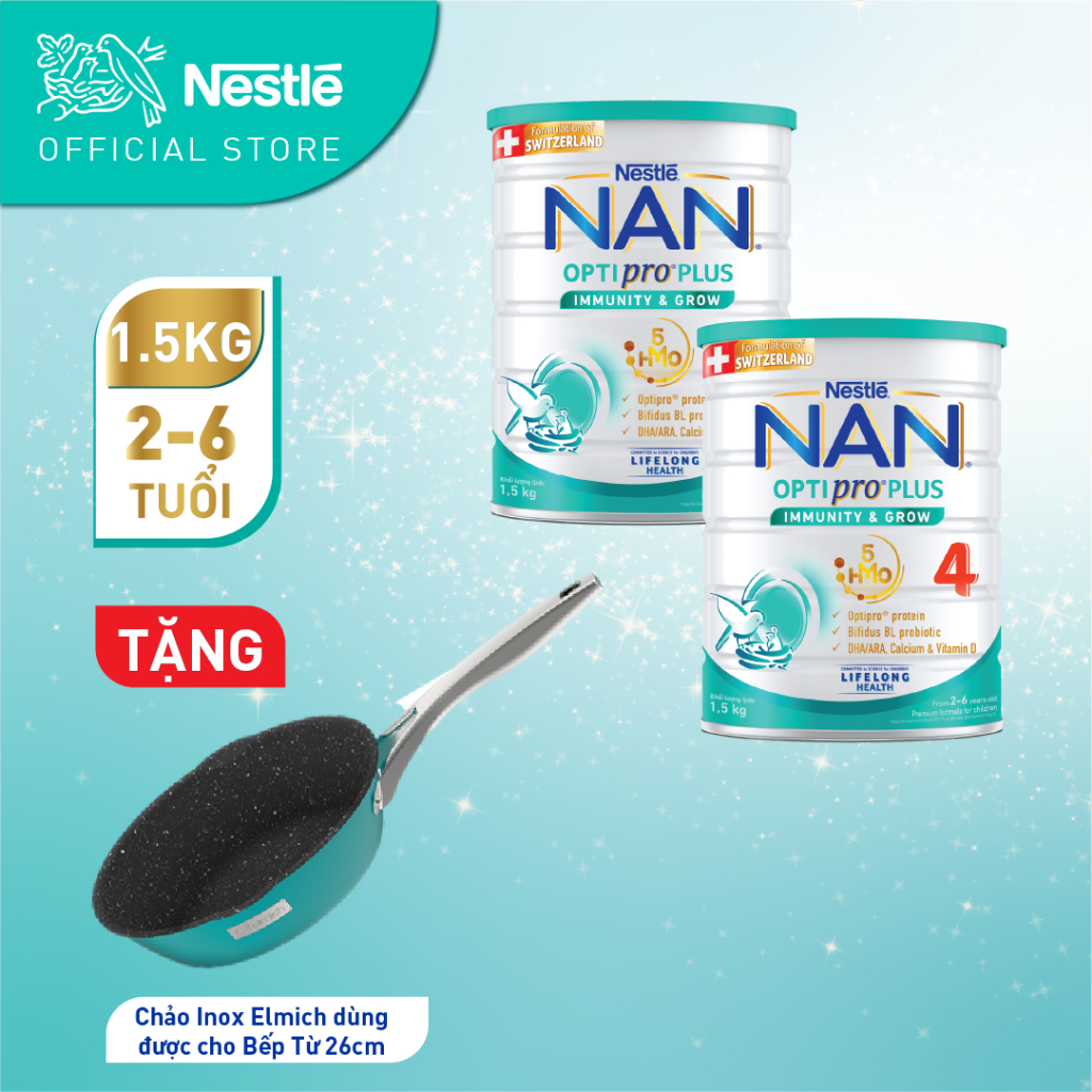 Bộ 2 lon Sữa bột Nestlé NAN OPTIPRO PLUS 4 1500g/lon với 5HMO Giúp tiêu hóa tốt