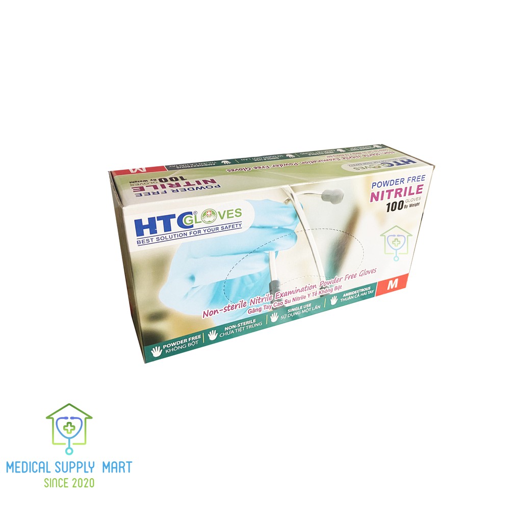 Găng Tay Cao Su Y Tế Cao cấp HTC Không Bột Nitrile – Màu Xanh Ngọc (TEAL BLUE) Đủ Size S M L / Hộp 100 Chiếc