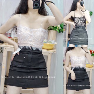 set áo hai dây ren phối chân váy chữ a