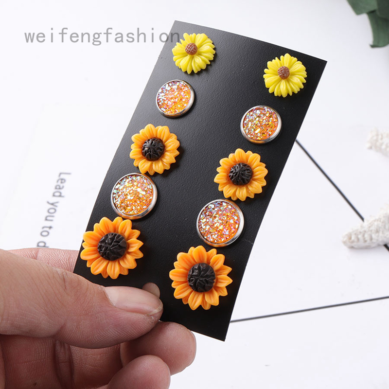 Set 5 Đôi Bông Tai Hình Hoa Cúc Nhỏ + Thẻ Bài Đính Pha Lê Thời Trang