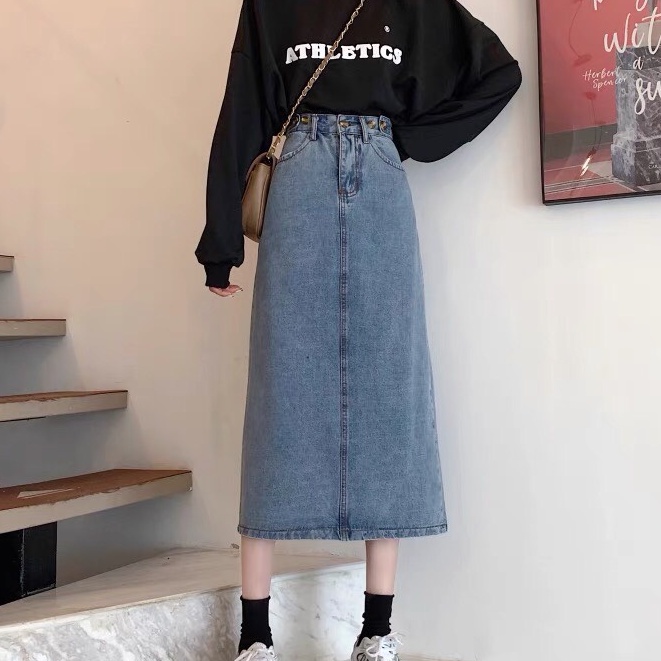 Váy jean dài cạp cao, váy jean xòe xẻ gấu phong cách_a9