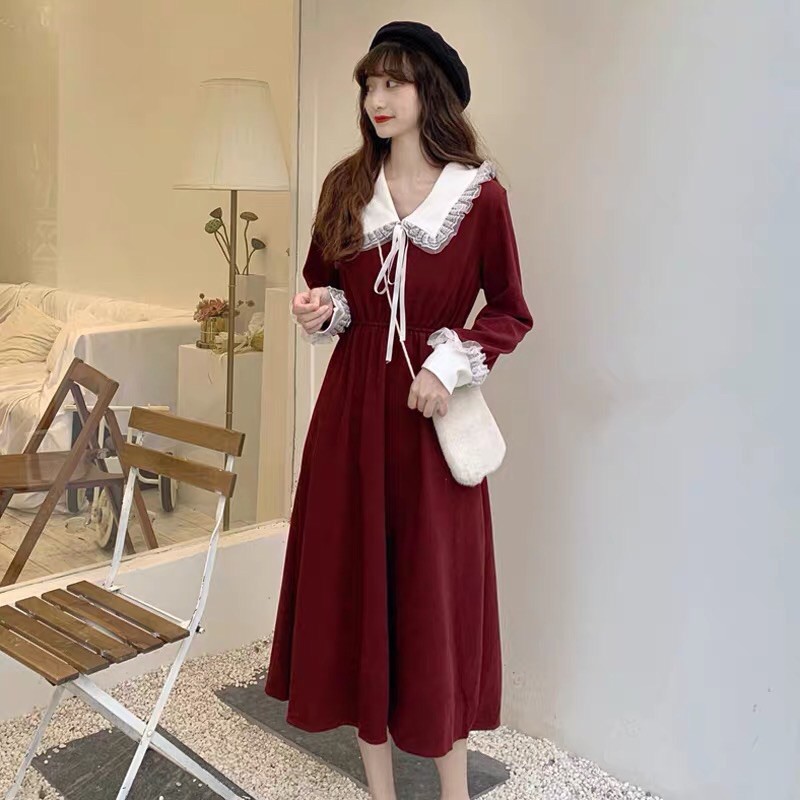 Váy vintage cổ ren bánh bèo thắt nơ. Đầm nhung đỏ ulzzang lolita