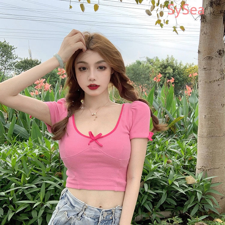 Áo Croptop Tay Ngắn Màu Hồng Thời Trang Mùa Hè Cho Phái Nữ