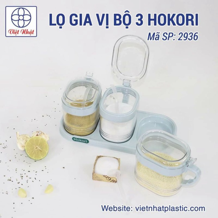 set 3 hũ đựng gia vị hokori, hũ nhựa đựng gia vị bật nắp kèm muỗng 2936