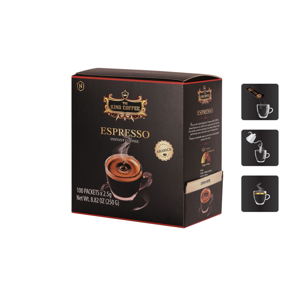 Combo 3 CFĐ HT Espresso KING COFFEE - Hộp 100 gói x 2.5g + Tặng 1 hộp CFHT Espresso KING COFFEE - Hộp 15 gói x 2.5g