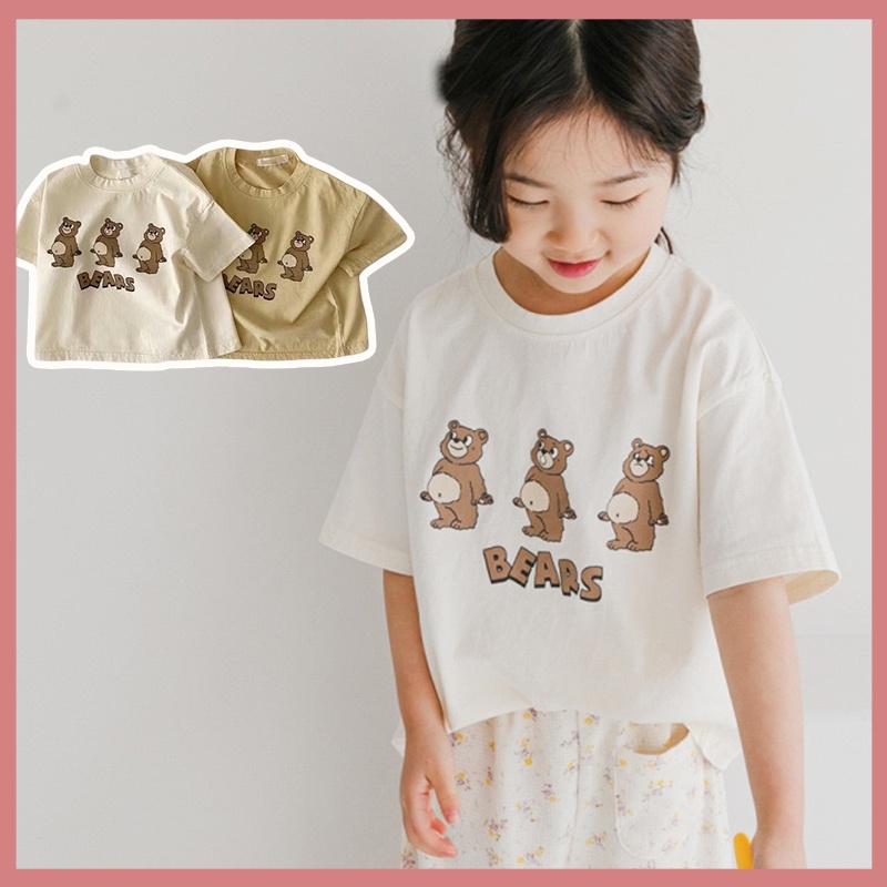 Áo Thun Cotton Tay Ngắn In Hình Gấu Dễ Thương Thời Trang Mùa Hè Cho Bé Trai + Gái