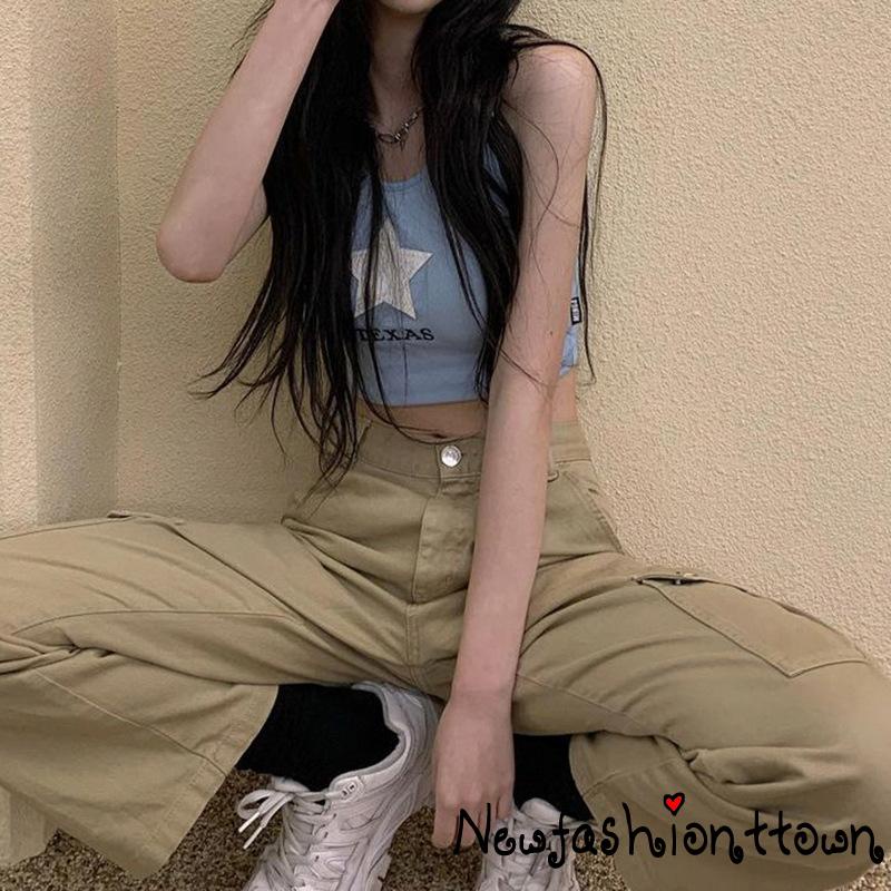ღtwღLadies Solid Color Casual Pants, Summer Autumn Girls Retro Style Long Straight-leg Trousers with Pockets for