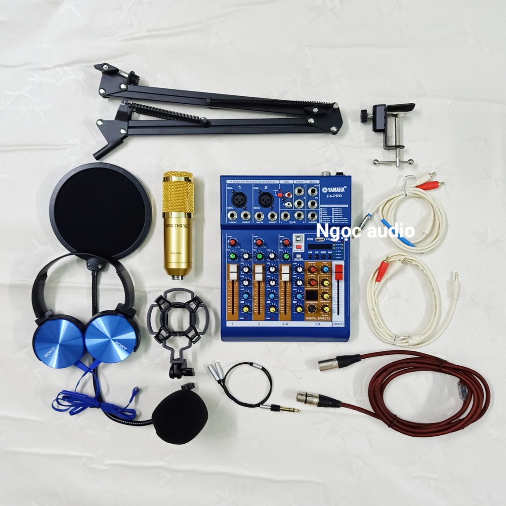 Trọn bộ live stream thu âm MIXER F4 pro phiên bản mới và Micro BM 900 đầy đủ phụ kiện kẹp bàn tặng tai phone