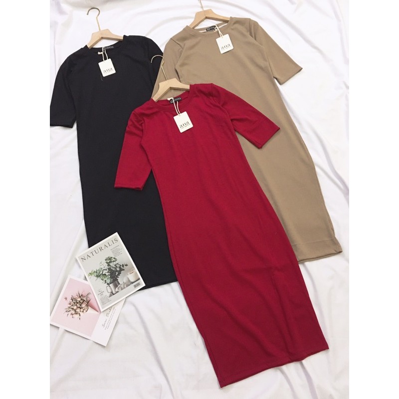 Váy body tay lỡ chất thun tăm co dãn tốt dáng dài qua gối