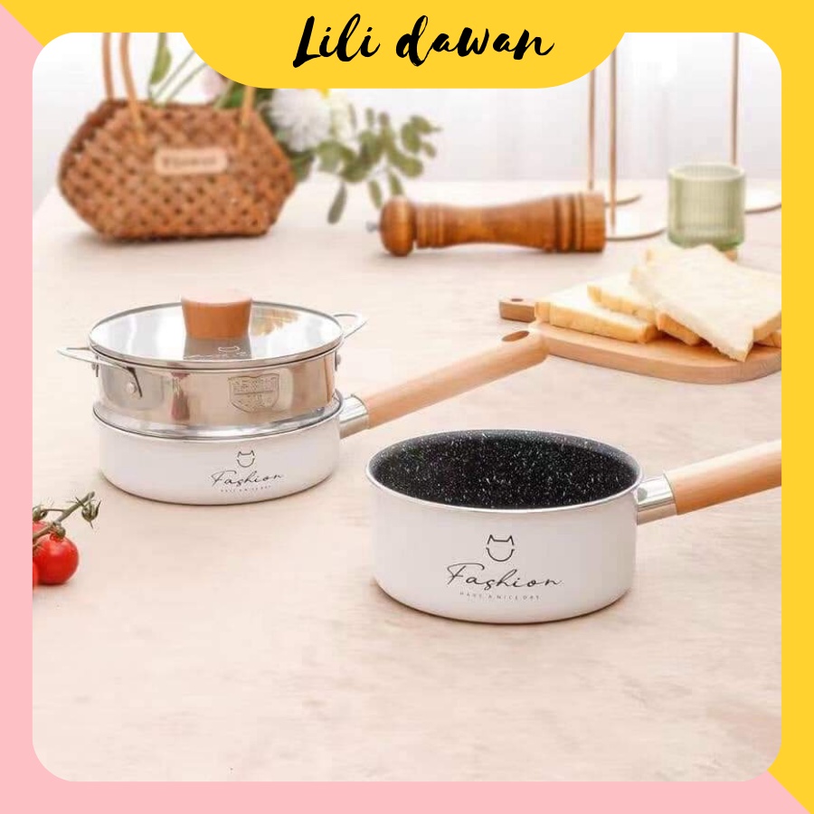 Bộ Nồi Fashion Cho Bé Ăn Dặm Chảo Đá Chống Dính Kèm Xửng Hấp Size 16cm - Lilidawan