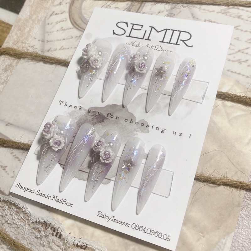 Mẫu hot tiktok Trung - Nail Box Móng up thiết kế theo yêu cầu tone thạch đính hoa hồng TUE223