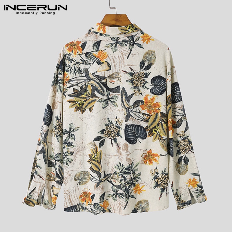 Áo sơ mi INCERUN từ cotton tay dài cổ thắt dây in hoa phong cách vintage tùy chọn màu sắc cho nam