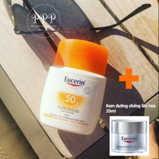Kem chống nắng Eucerin fluid mỏng, nhẹ, kiềm dầu, kháng nước, tặng kèm kem chống lão hóa 20ml _philip21