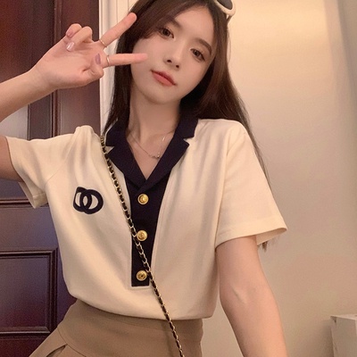 Áo Thun POLO Ngắn Tay Màu Sắc Tương Phản Phong Cách Hàn Quốc Dành Cho Nữ