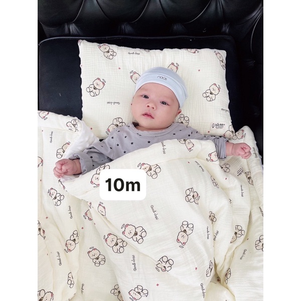 vải xô muslin 2 lớp hình gấu thiên thần siêu mềm siêu thấm hút