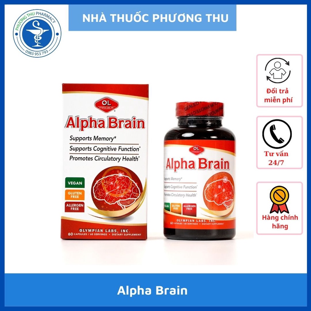Viên uống bổ não Alpha Brain hộp 60 viên nhập khẩu từ Mỹ, giúp hoạt huyết dưỡng não suy giảm trí nhớ