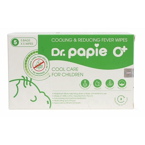 Khăn Lau Hạ Sốt Dr. Papie Cho Bé Từ Sơ Sinh- Hộp 5 Túi (Túi 5 Khăn)