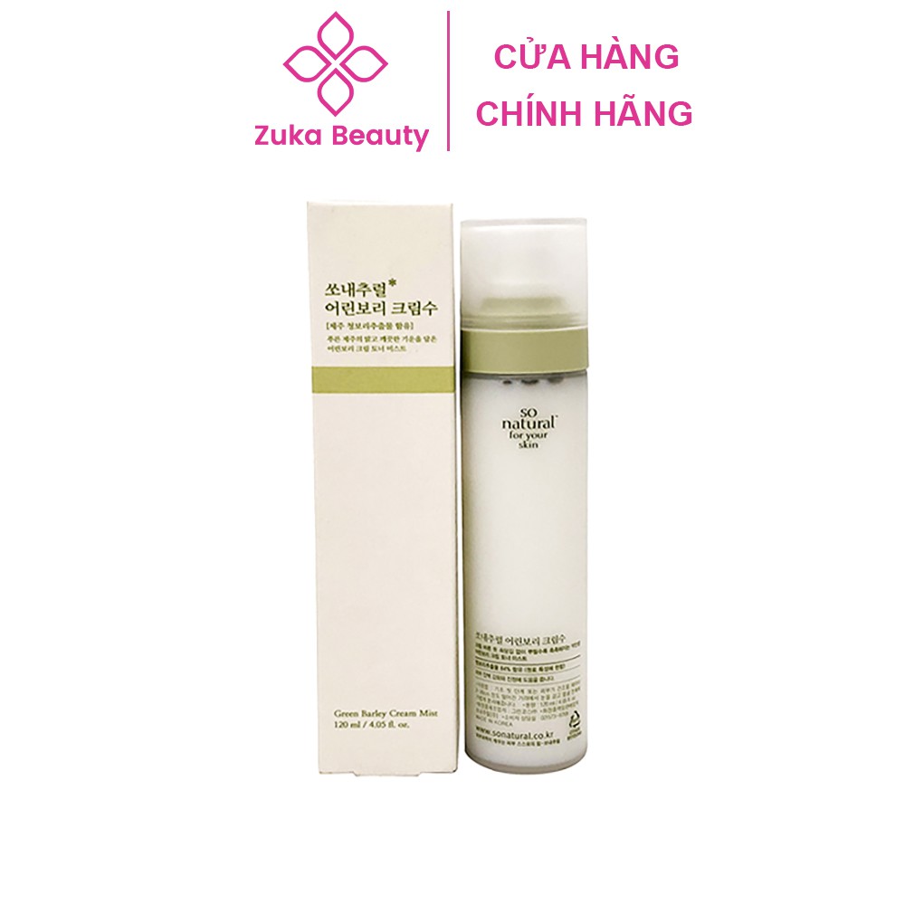 Xịt khoáng So Natural Green Barley Cream Mist 120ml Hàn Quốc Zuka Beauty cấp ẩm dưỡng da mặt