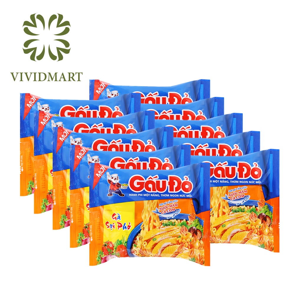 10gói- MÌ GẤU ĐỎ 8 VỊ: GÀ SỢI PHỞ, TÔM VÀ GÀ, BÒ BÍT TẾT, THỊT BẰM, TÔM CHUA CAY, SỢI PHỞ HÀNH PHI, CHAY –GÓI63G– GẤU ĐỎ