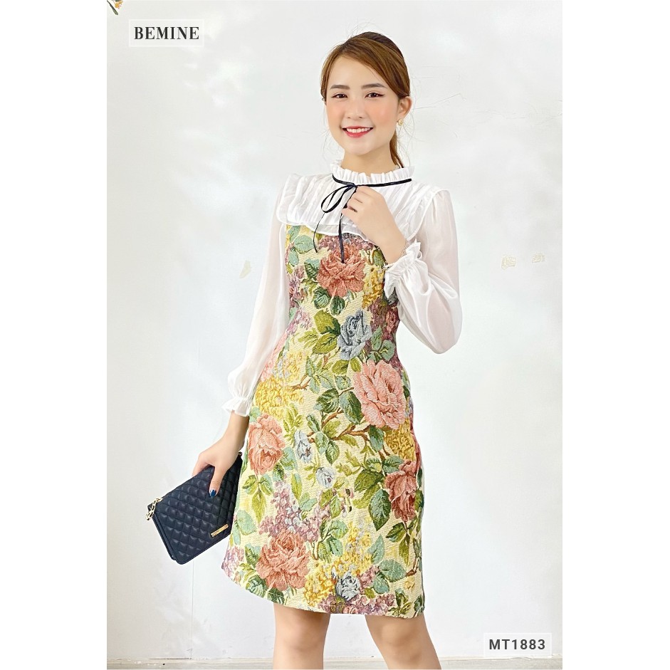 Đầm hoa phối bèo trắng tay dài BEMINE MT1883XANH | BigBuy360 - bigbuy360.vn
