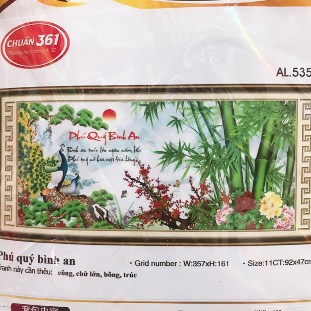 Tranh thêu chữ thập 3D Phú quý bình an kt 92 x47 cm