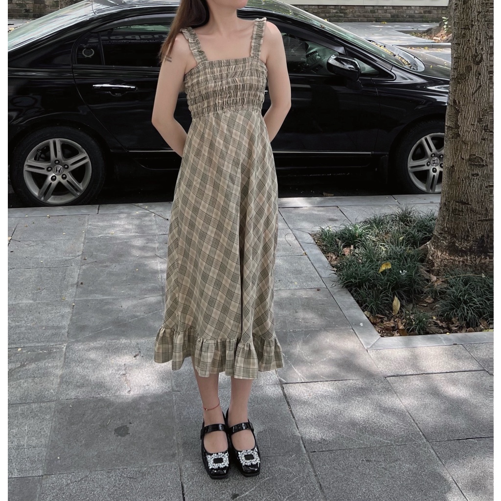 Váy 2 dây đầm dài kẻ nhún ngực đuôi bèo thiết kế Bonheur Tinker Dress