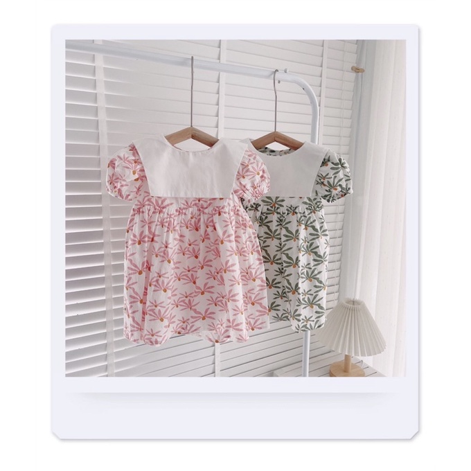 Váy hè cộc tay thô mỏng mát, họa tiết lá dừa cho bé gái 8-19kg