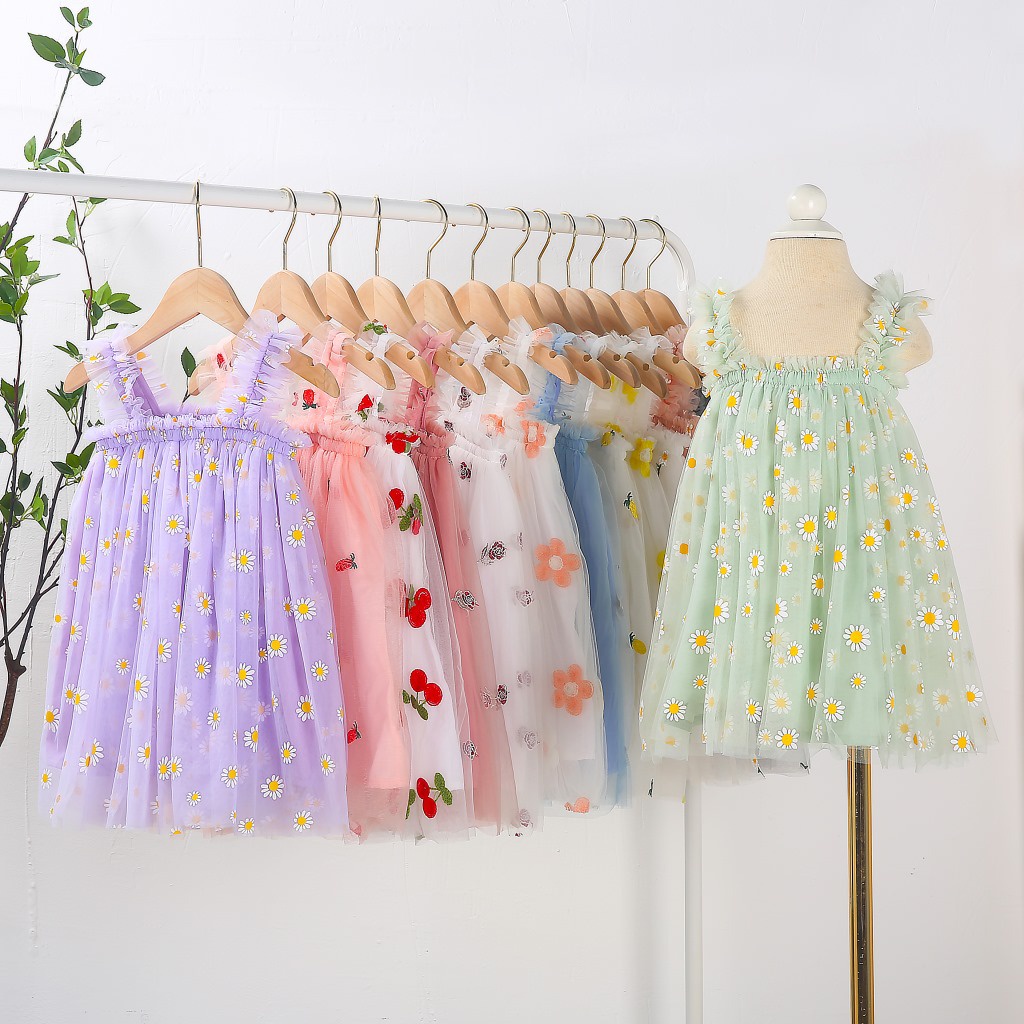 Đầm BCBL công chúa hai dây vải tuyn họa tiết hoa cúc nhỏ dễ thương dành cho bé gái 0-5 tuổi