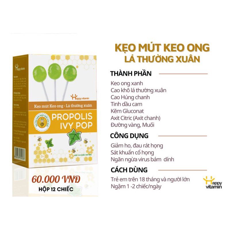 Kẹo mút Keo Ong. Rất tốt cho người bị Ho, Viêm họng, Khản tiếng. HÀNG CHÍNH HÃNG Happy Vitamin