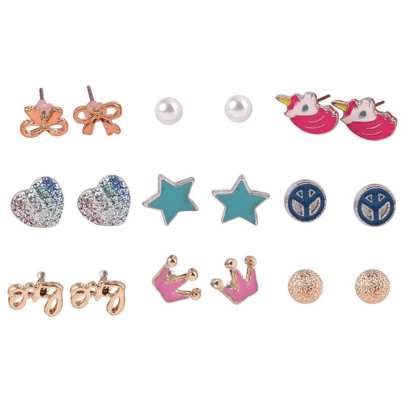 Set 9 Đôi Khuyên Tai Hình Nơ / Kỳ Lân Dễ Thương Cho Bé Gái