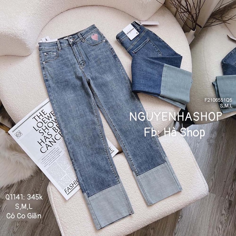Quần jean dài suông đứng lật lai lưng cao 0623 thaotranshop90