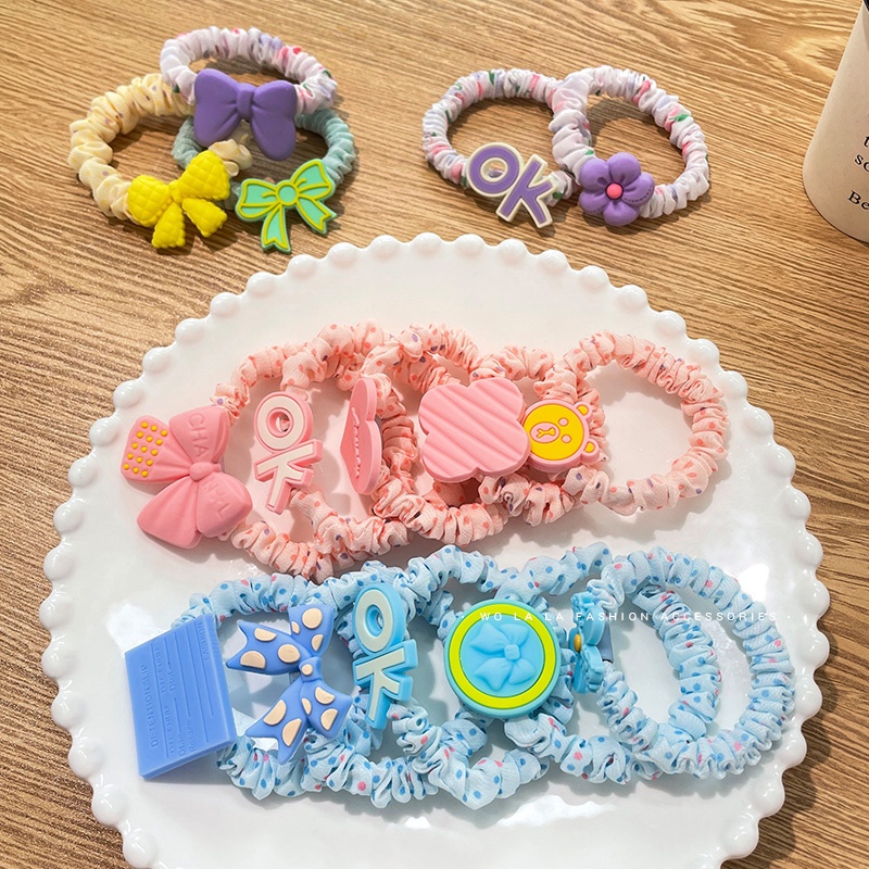 Set 5 Dây Buộc Tóc Cao Su Co Giãn Họa Tiết Hoạt Hình Đáng Yêu Phong Cách Hàn Quốc