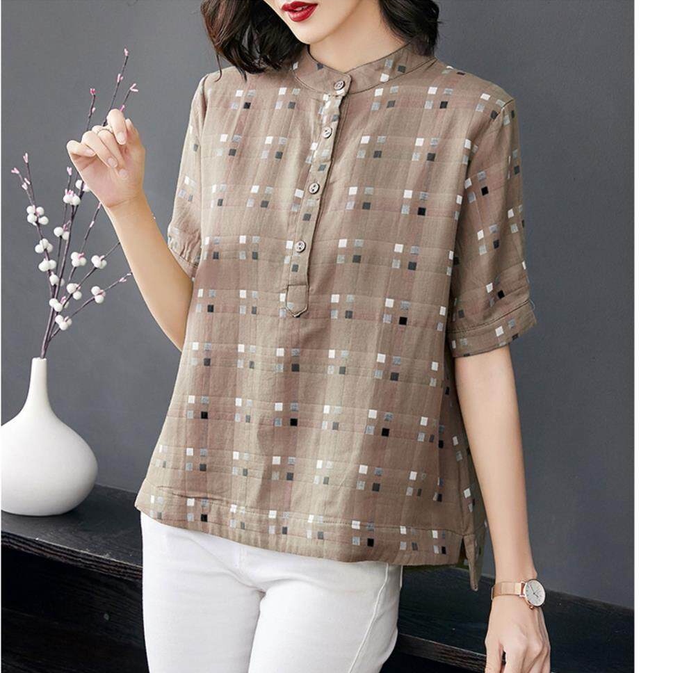 Áo Sơ Mi Cotton Cổ Tròn Tay Ngắn Họa Tiết Kẻ Ô Thời Trang Hàn Quốc Cho Nữ