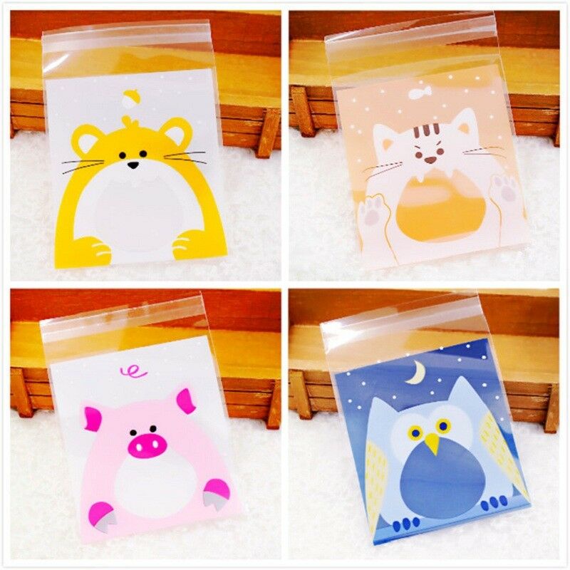 Set 100 Túi OPP Đựng Bánh Kẹo Tự Dính Họa Tiết Động Vật Hoạt Hình Dễ Thương