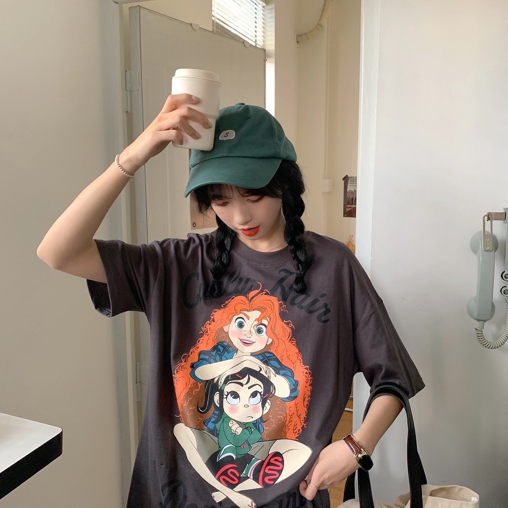 Áo thun tay ngắn cổ tròn in họa tiết hoạt hình thời trang hàn quốc cho nữ