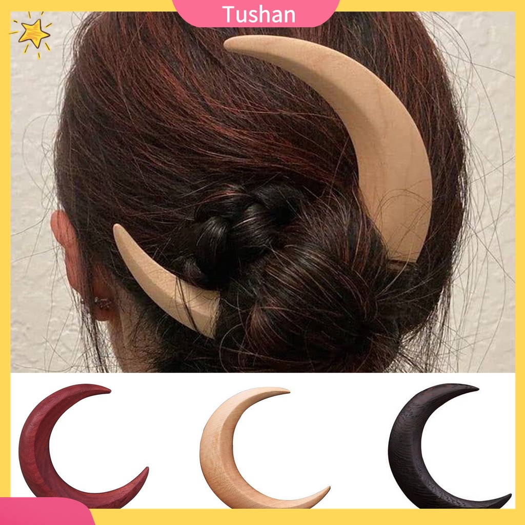Trâm Cài Tóc Bằng Gỗ Khắc Họa Tiết Mặt Trăng Khuyết Phong Cách Cổ Điển Thanh Lịch Dành Cho Nữ