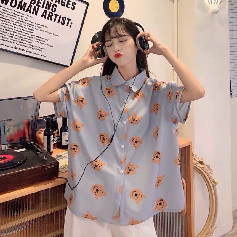 Áo sơ mi voan mềm mại tay ngắn in hình gấu dễ thương cho nữ