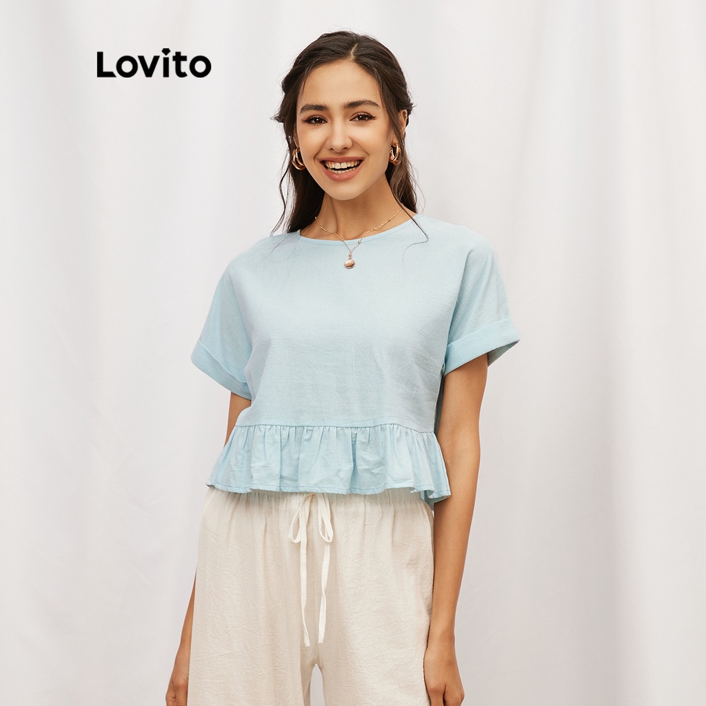 Áo kiểu Lovito viền ren tay ngắn cổ tròn màu trơn đáng yêu L19D093 (Màu xanh dương)