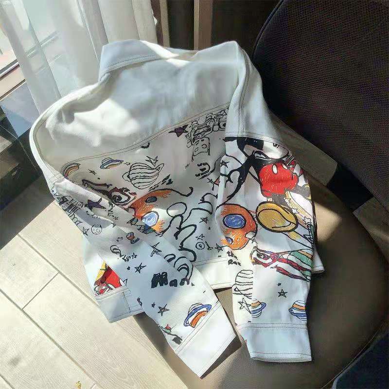 Áo Khoác Denim Ngắn Dáng Rộng In Họa Tiết Graffiti Phong Cách Hàn Quốc Cho Nữ