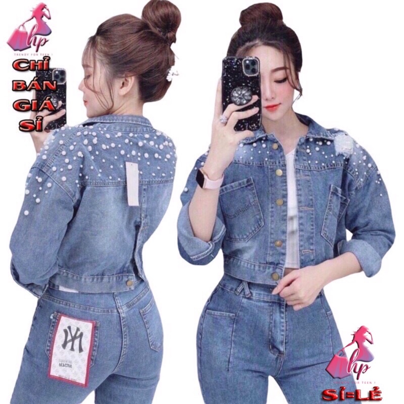 Áo Khoác Jean Nữ Cao Cấp form lửng Đính hạt ngọc Trắng Thời Trang mẫu mới-Hàng Có Sẵn bán giá sỉ - Hàng mới về