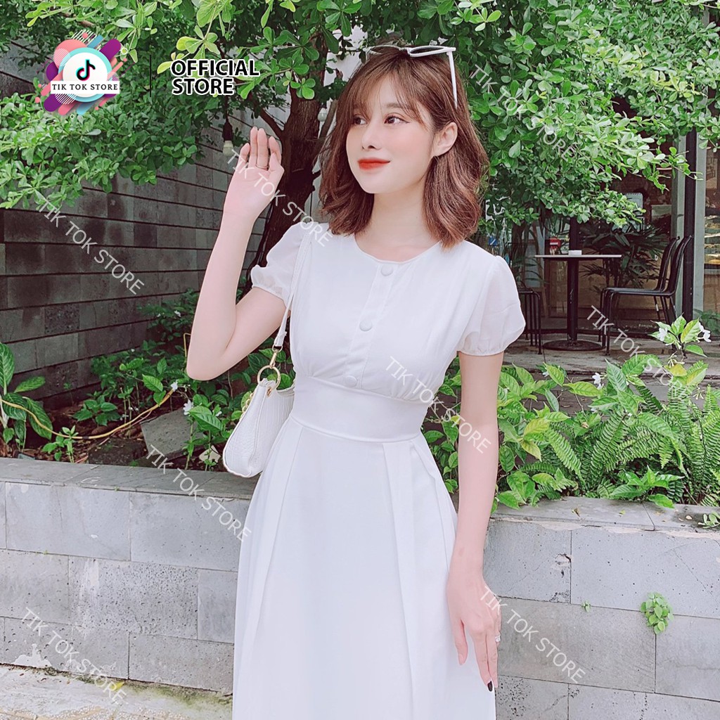 Váy tiểu thư sang chảnh, đầm tiểu thư đính nút màu trắng TIK TOK STORE | BigBuy360 - bigbuy360.vn