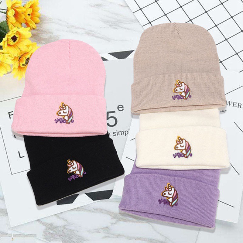 Mũ Len Beanie Mềm Thêu Hình Kỳ Lân Thời Trang Mùa Đông Cho Nữ