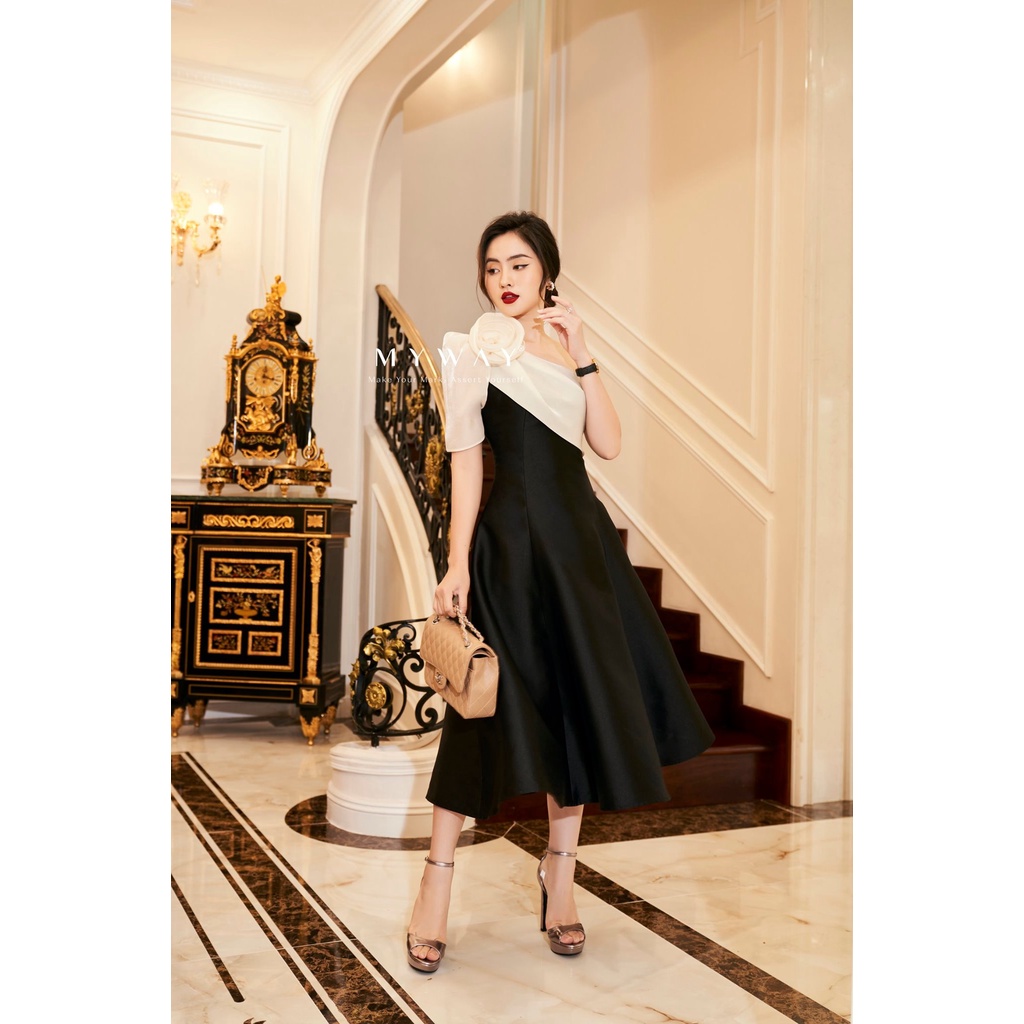Đầm Dự Tiệc Nữ MY WAY Lệch Vai Dáng Xòe Đen Sang Trọng 9MD0904